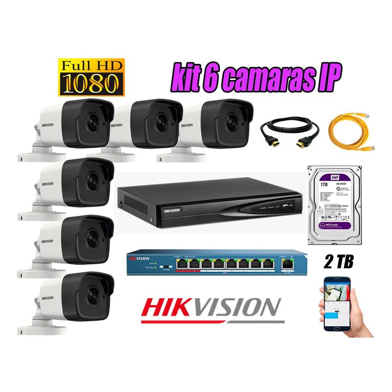 Camara de Seguridad Ip Full HD 1080P Exterior Kit 6 Disco 2TB WD Purpura