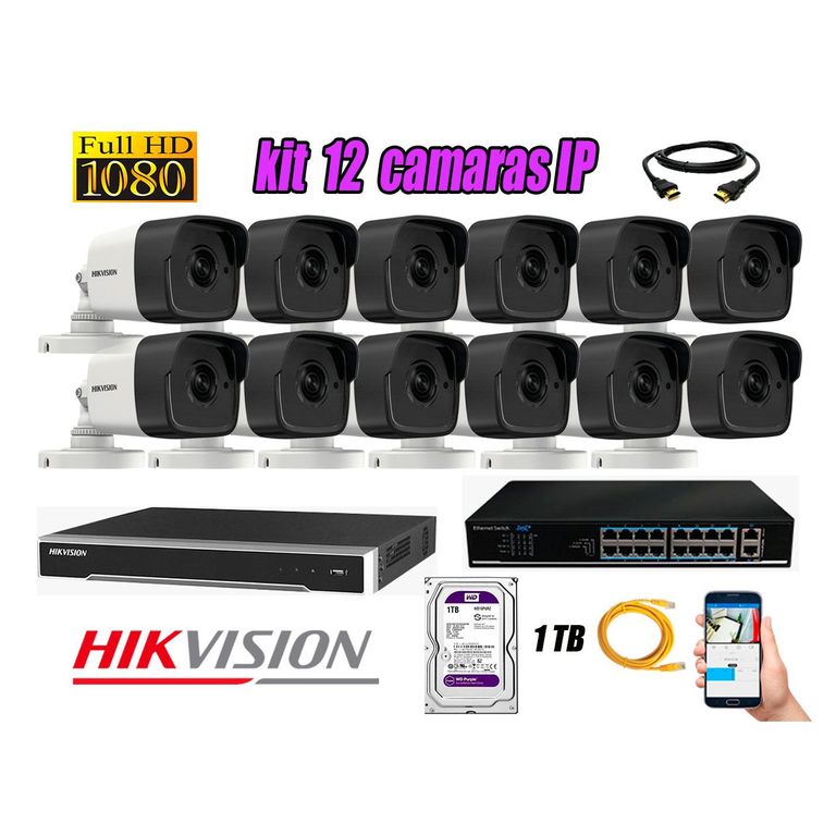 Camara de Seguridad Ip Full HD 1080P Exterior Kit 12 Disco 1TB WD Purpura P2P