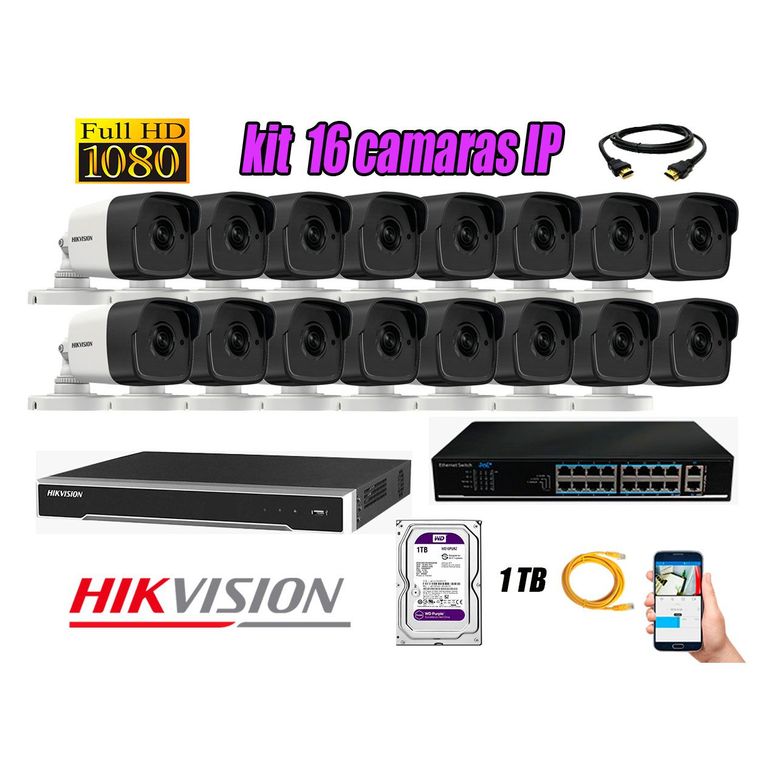 Camara de Seguridad Ip Full HD 1080P Exterior Kit 16 Disco 1TB WD Purpura P2P