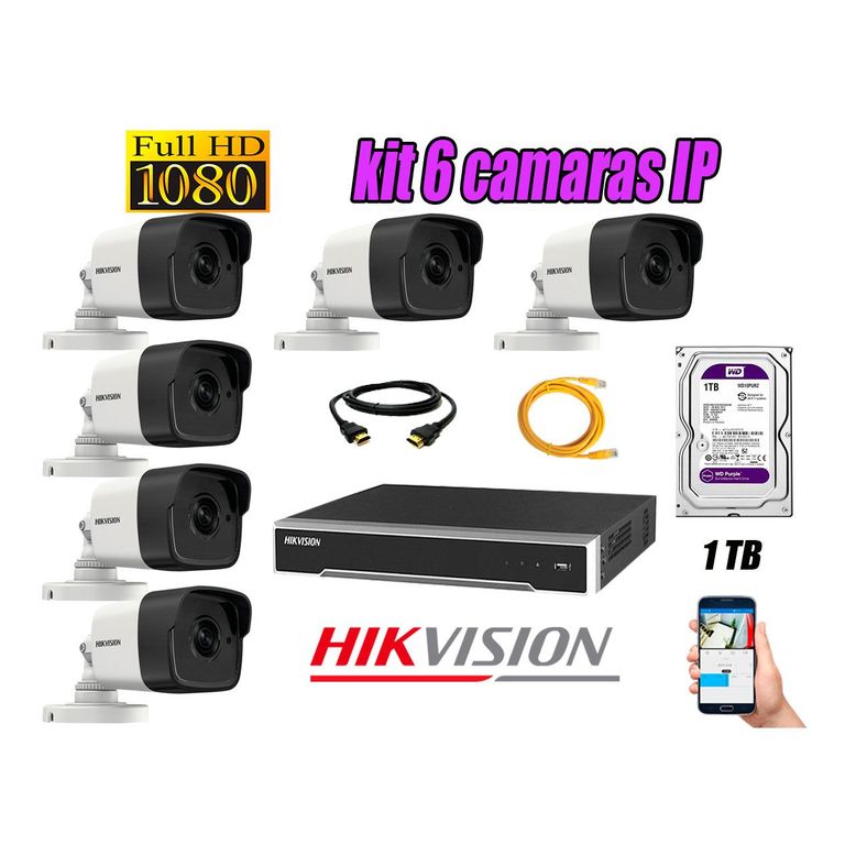 Cámara de Seguridad Ip Poe Full HD 1080P Exterior Kit 6 Disco 1TB WD Purpura P2P