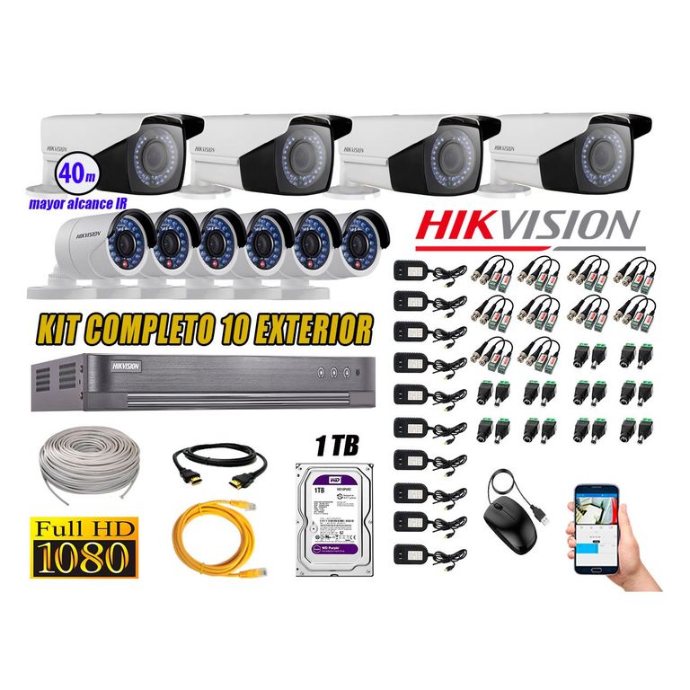 Cámaras de Seguridad Exterior Varifocal Kit 10 Full HD 1080P + Disco 1TB WD CCTV KIT10-FHD-V2-F108