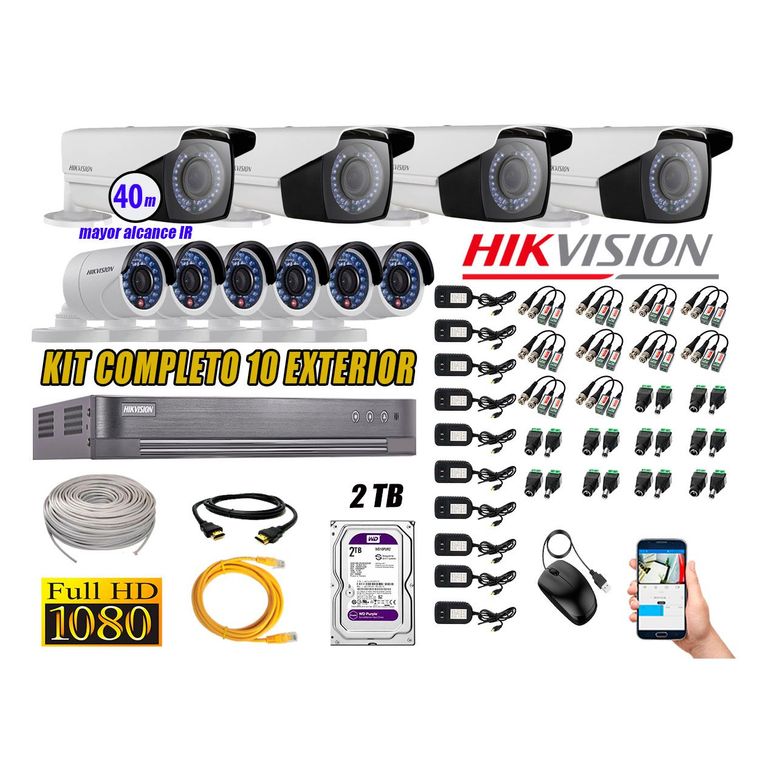 Cámaras de Seguridad Exterior Varifocal Kit 10 Full HD 1080P + Disco 2TB WD CCTV P2P KIT10-FHD