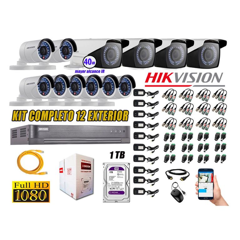 Cámaras de Seguridad Exterior Varifocal Kit 12 Full HD 1080P + Disco 1TB WD CCTV KIT12-FHD-V2-F110
