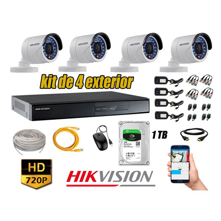 Cámaras de Seguridad Exterior Kit 4 HD 720P + Disco 1TB WD CCTV P2P