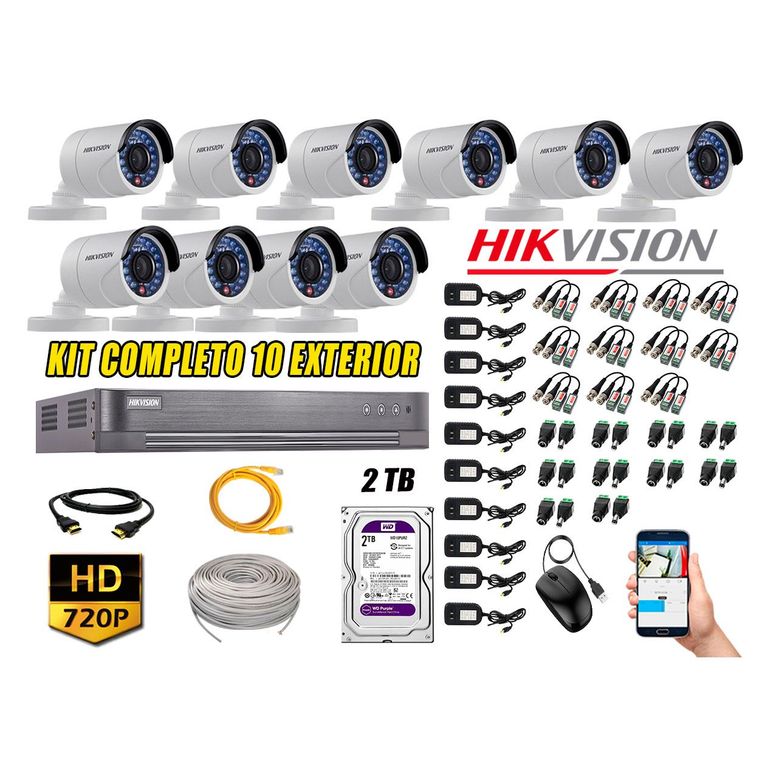 Cámaras de Seguridad Exterior Kit 10 HD 720P + Disco 2TB WD CCTV
