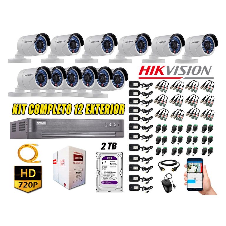 Cámaras de Seguridad Exterior Kit 12 HD 720P + Disco 2TB WD CCTV
