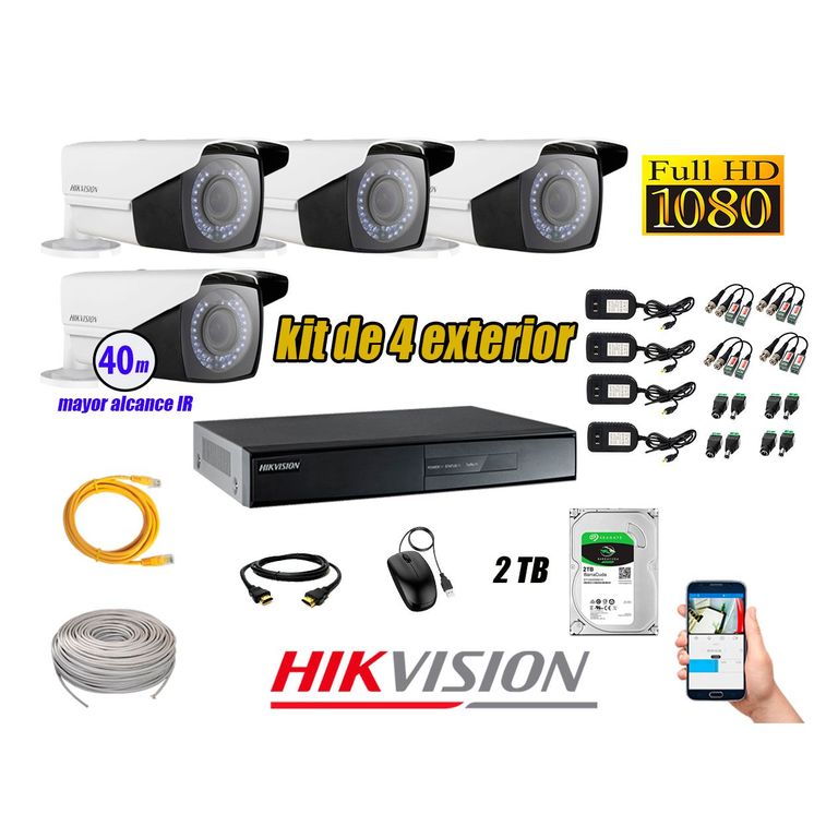 Cámaras de Seguridad Exterior Varifocal Kit 4 Full HD 1080P + Disco 2TB WD CCTV P2P KIT04-FHD