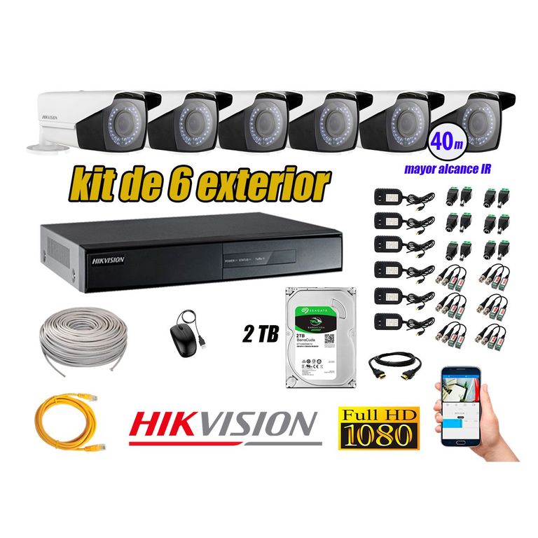 Cámaras de Seguridad Ext. Varifocal Kit 6 Full HD 1080P + Disco 2TB CCTV P2P