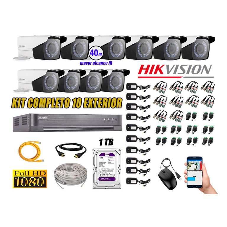 Cámaras de Seguridad Exterior Varifocal Kit 10 Full HD 1080P + Disco 1TB WD CCTV