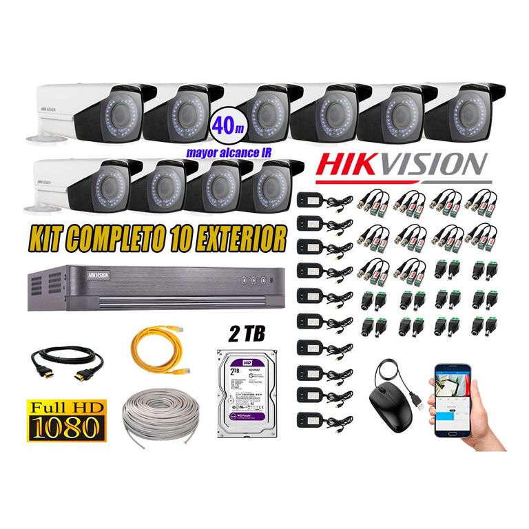 Cámaras de Seguridad Exterior Varifocal Kit 10 Full HD 1080P + Disco 2TB WD CCTV P2P