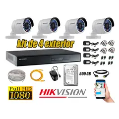 HIKVISION - Cámaras de Seguridad Exterior Kit 4 Full HD 1080P + Disco 500GB P2P