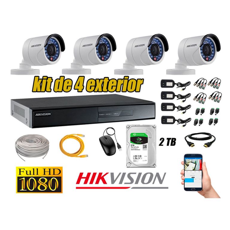 Cámaras de Seguridad Exterior Kit 4 Full HD 1080P + Disco 2TB WD CCTV P2P