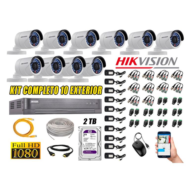 Cámaras de Seguridad Exterior Kit 10 Full HD 1080P + Disco 2TB WD CCTV P2P