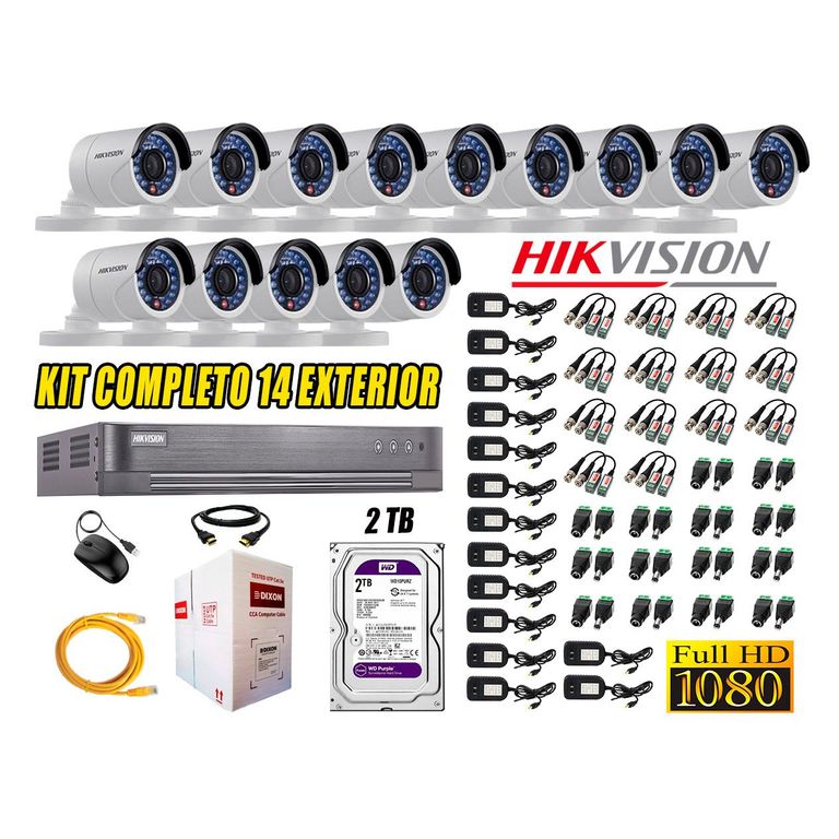 Cámaras de Seguridad Exterior Kit 14 Full HD 1080P + Disco 2TB WD CCTV P2P