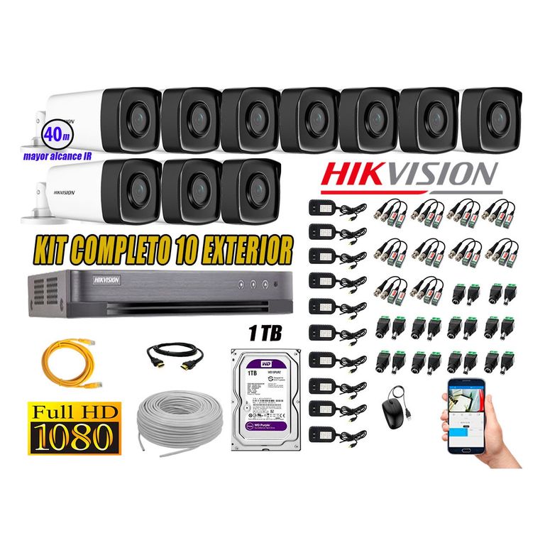 Cámaras de Seguridad Exterior It3F Kit 10 Full HD 1080P + Disco 1TB WD CCTV P2P