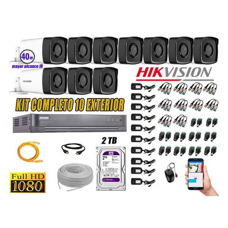 Cámaras de Seguridad Exterior It3F Kit 10 Full HD 1080P + Disco 2TB WD CCTV