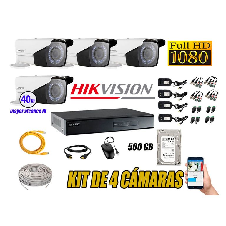 Cámaras de Seguridad Exterior Varifocal Kit 4 Full HD 1080P + Disco 500GB P2P