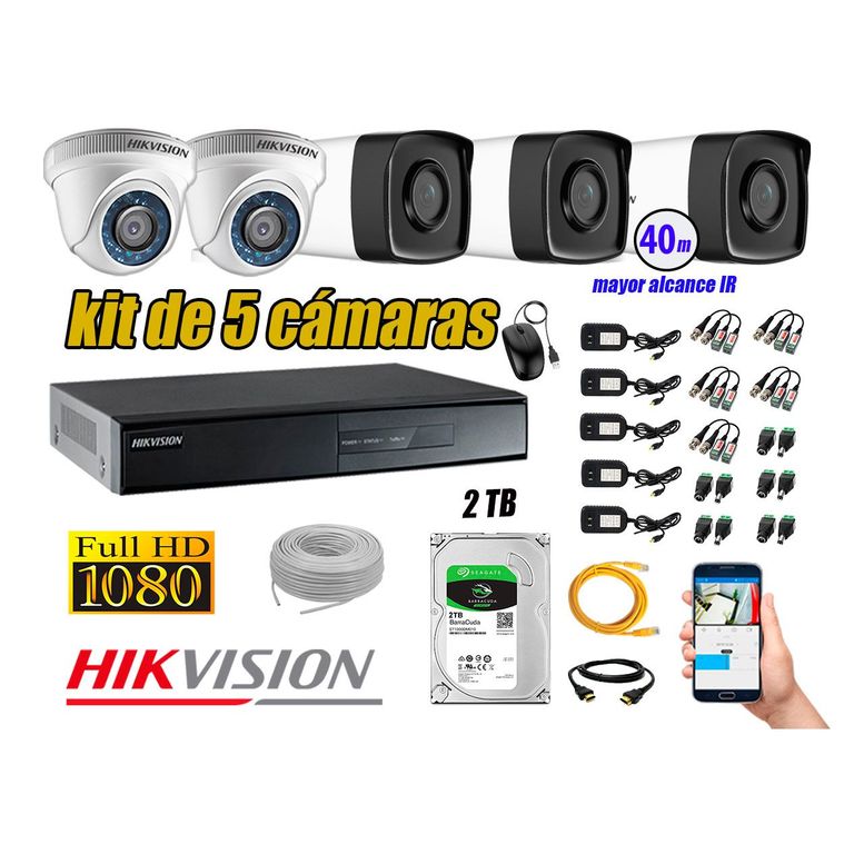 Kit Cámara de Seguridad Kit 5 Full HD 1080P 2TB + Cámara de Seguridad Exterior IT3F P2P