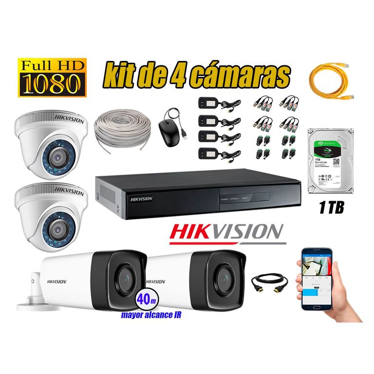 Cámaras de Seguridad Kit 4 Full HD 1080P 1TB + Cámara Exterior Mayor Alcance IT3F KIT04-FHD-D002