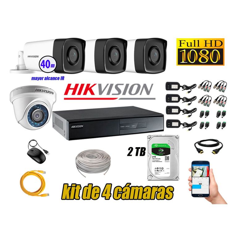 Cámaras de Seguridad Kit 4 Full HD 1080P 2TB + Cámara Exterior Mayor Alcance IT3F P2P