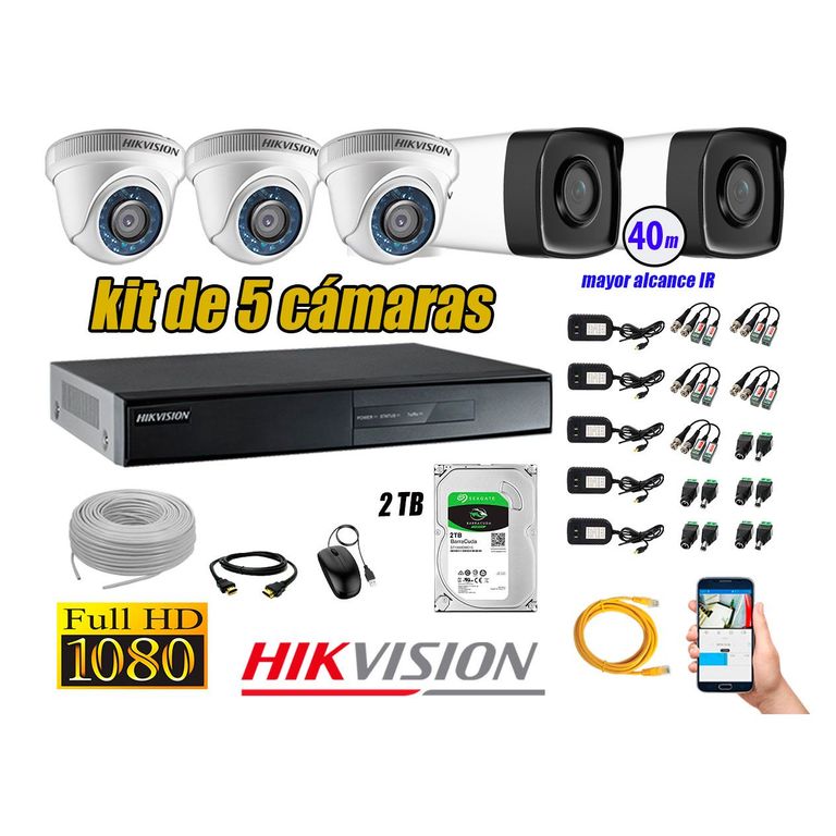 Cámaras de Seguridad Kit 5 Full HD 1080P 2TB + Cámara Exterior Mayor Alcance IT3F P2P