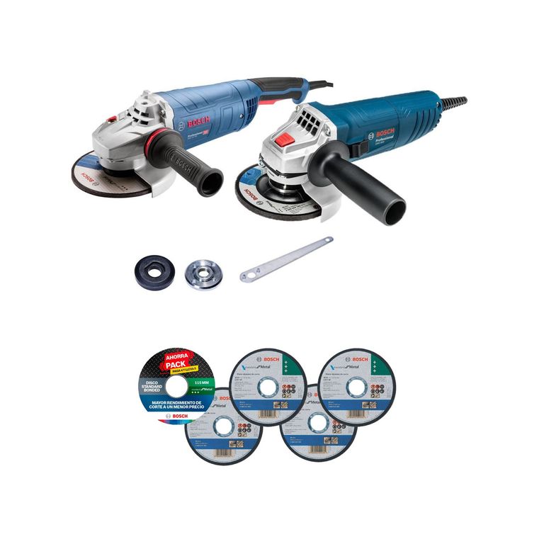 Amoladora Eléctrica 180mm 2500W + Amoladora Gws 850 + Pro Pack Disco de Corte Acero 4.5 115x1.0mm