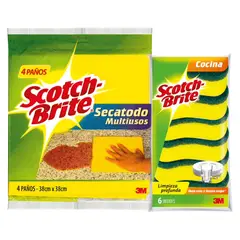SCOTCH BRITE - Secatodo Multiusos 4 paños + Pack x 6 Esponjas 2 en 1