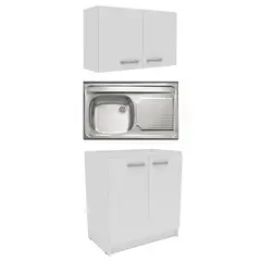 undefined - Lavadero de Cocina Acero Inoxidable 1 Poza con Escurridero 50x80cm + Mueble Base 2 Puertas 80cm Blanco + Mueble Mural Cocina 2 Puertas 80cm Blanco.