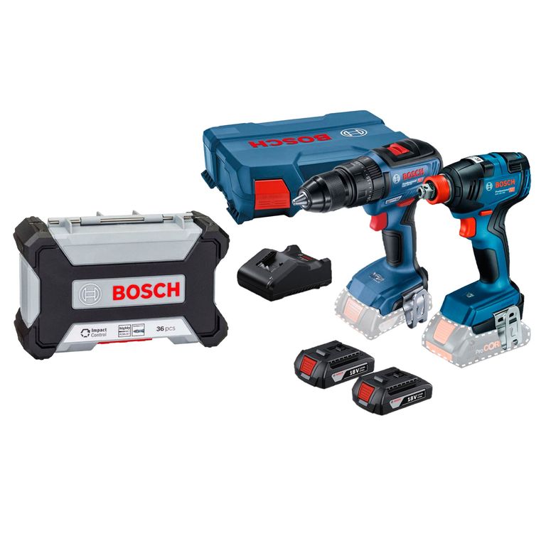 Kit de Puntas y Dados para Atornillar 36 Piezas Impact Control + Taladro Atornillador Percutor GSB 18V-50 BRUSHLESS + Llave Impacto 18V GDX 18V-200 BRUSHLESS + 2 Baterías + 1 Cargador + 1 Maletín