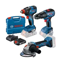 BOSCH - Taladro Atornillador Percutor GSB18V-50 + Llave Impacto 18V + 2 Baterías + 1 Cargador+ Maletín + Amoladora Angular 18V Baretool