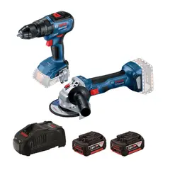 BOSCH - Amoladora Inalámbrica 18V GWS 180-LI + Taladro Percutor 18V GSB 18V-50 Brushless + 2 Baterías + Maletín de Plástico