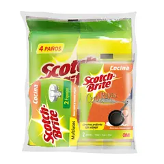 SCOTCH BRITE - Pack x4 Paños Secatodo + Esponja 2 en 1 x2 + Esponja Cero Rayas x2