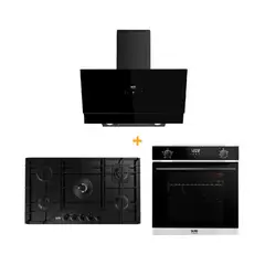 SOLE - Combo Encimera Empotrable 5 Hornillas SOLCO067 + Campana Decorativa Signature + Horno Empotrable A Gas SOLHO018 S-Collection Negro