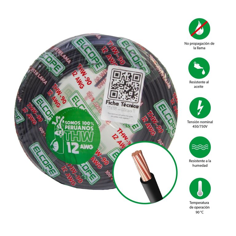 Cable THW 12 AWG 450/750V Negro 25 Metros
