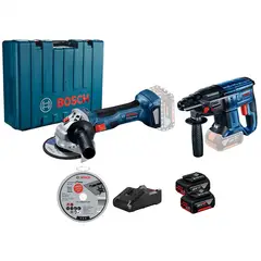 BOSCH - Amoladora Inalámbrica 18V GWS 180-LI + Rotomartillo Inalámbrico 18V GBH 180-LI + 2 Baterías 4.0 Ah + Cargador + 10 Discos de Corte Standard