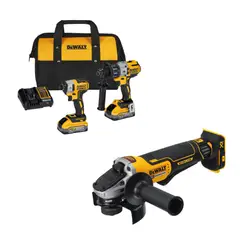 DEWALT - Taladro Percutor Inalámbrico 1/2" 3V DCD996 + Atornillador de Impacto DCF887 + 2 Baterías 5Ah + Cargador + Bolso Lona + Amoladora Angular Inalámbrico 4-1/2" 20V BRUSHLESS DCG413B (Sin batería)