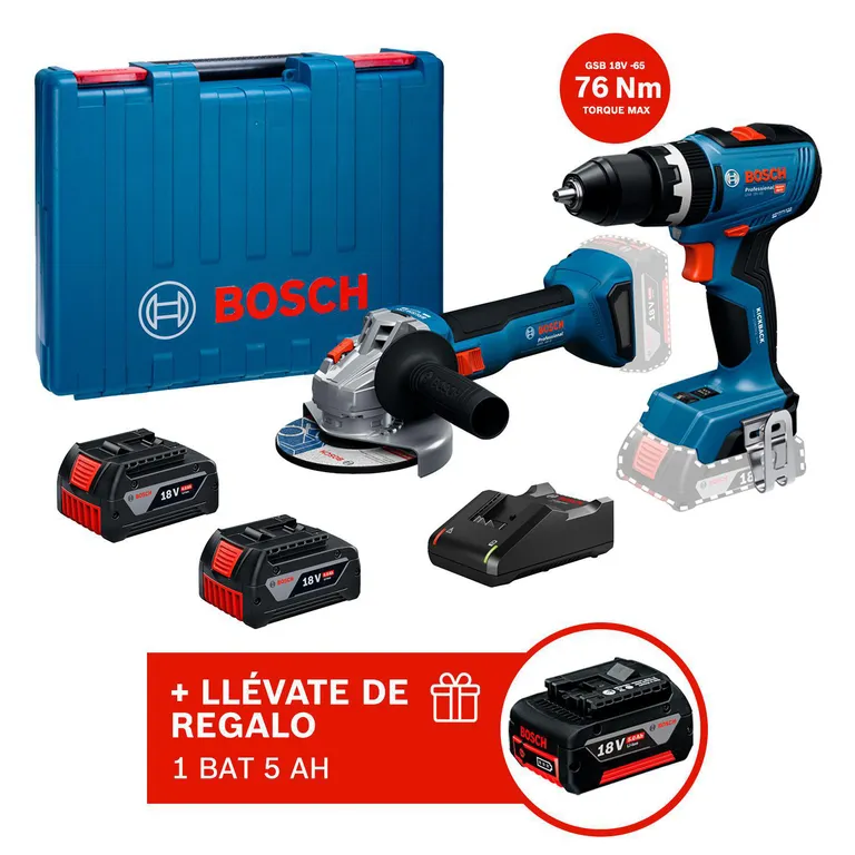 Amoladora inalámbrica GWS 18V-8 + 2 Baterías 4 AH + Cargador + Maletín Plástico + Taladro Atornillador percutor 18V GSB 18V-50 Brushless + ¡REGALO! Batería 5 AH