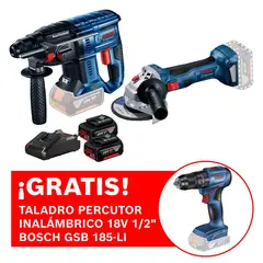 BOSCH - Amoladora inalámbrica 18V GWS 180-LI + Taladro Atornillador percutor GSB 18V-50 Brushless + ¡REGALO! Taladro percutor inalámbrico 18V 1/2" GSB 185-LI