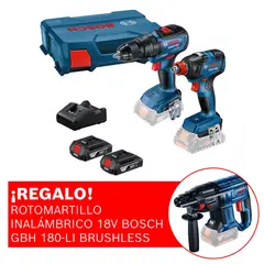 BOSCH - Taladro Atornillador percutor GSB 18V-50 + Llave de impacto inalámbrica ¼ y ½" GDX 18V-200 + 2 baterías + maletín plástico + Regalo: Taladro Atornillador Percutor GSB 180-LI
