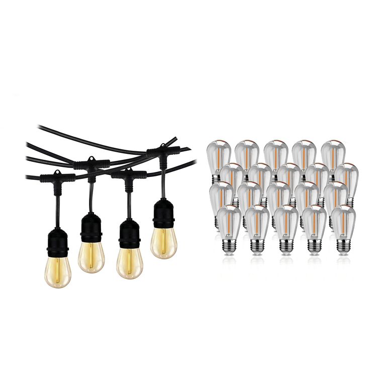 Guirnalda para 20 Focos 10 Metros IP65 E27 + Pack x20 Focos Clear Luz Cálida ST14 1W