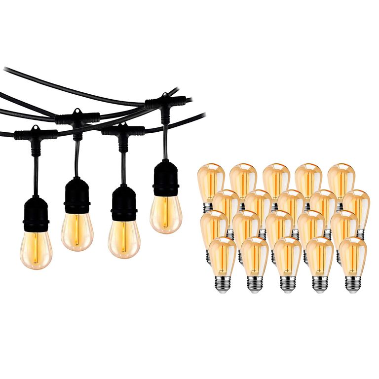 Guirnalda para 20 Focos 10 Metros IP65 E27 + Pack x20 Focos Ambar Luz Cálida ST14 1W
