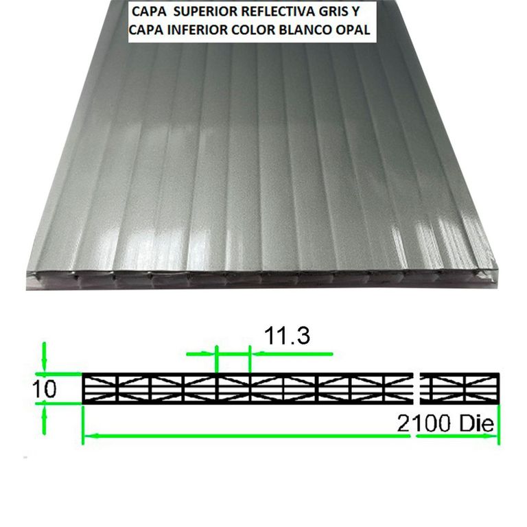 Techo de Policarbonato Alveolar Heatguard Multicolor Gris/Opal 2.10m x 5.90m x 10mm