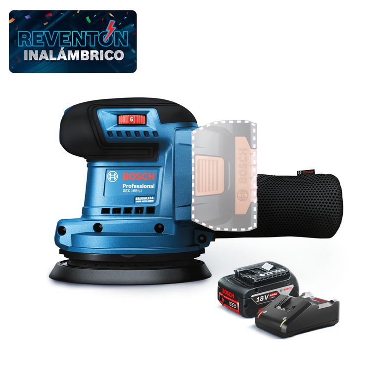 Lijadora orbital inalámbrica GEX 185-LI 18 V + Batería de Iones de Litio 18V GBA 18V 4.0Ah + Cargador GAL 18V-40 de 18V