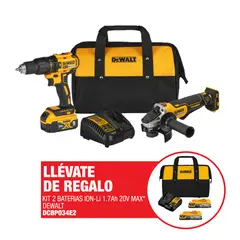 DEWALT - Taladro Percutor + Esmeril AngularDewalt + 1 Batería de 20V MAX + Cargador + Regalo: Kit 2 Bat 1.7AH 20V + 1 Carg + Maletin de lona