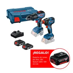 BOSCH - Taladro percutor GSB 18V-50 + Llave de impacto GDX 18V-200 + 2 baterías GBA 18V 2,0 Ah + 1 cargador GAL 18V-20 + 1 maletín plástico + ¡REGALO! Batería de iones de litio 18V GBA 18V 4,0 Ah