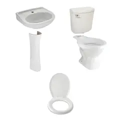 TREBOL - Taza Universal Blanca + Tanque Inodoro Rapid Jet Blanco + Pedestal para Lavamanos Universal Blanco + Lavamanos Sobre Pedestal Mancora Blanco + Asiento Tapa Inodoro Rapid Jet Redondo Blanco