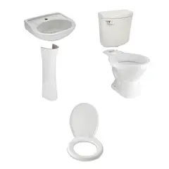 TREBOL - Taza Universal Blanca + Tanque Inodoro Rapid Jet Blanco + Pedestal para Lavamanos Universal Blanco + Lavamanos Sobre Pedestal Eco Blanco + Asiento Tapa Inodoro Rapid Jet Redondo Blanco