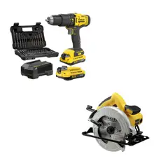 STANLEY - Kit Taladro Percutor 20V con 2 Baterías + Cargador + Set de 50Pz + Sierra Circular Eléctrica 7-1/4" 1600 W SC16