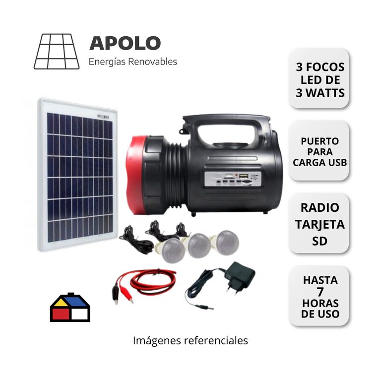 GENERADOR SOLAR PORTATIL 1908 APOLO BATERIA 4V/7Ah PANEL 7V 3.5 W 3 FOCOS DE 3 W LINTERNA CARGADOR Y RADIO