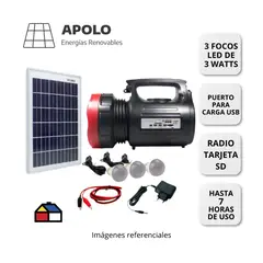 APOLLO - GENERADOR SOLAR PORTATIL 1908 APOLO BATERIA 4V/7Ah PANEL 7V 3.5 W 3 FOCOS DE 3 W LINTERNA CARGADOR Y RADIO